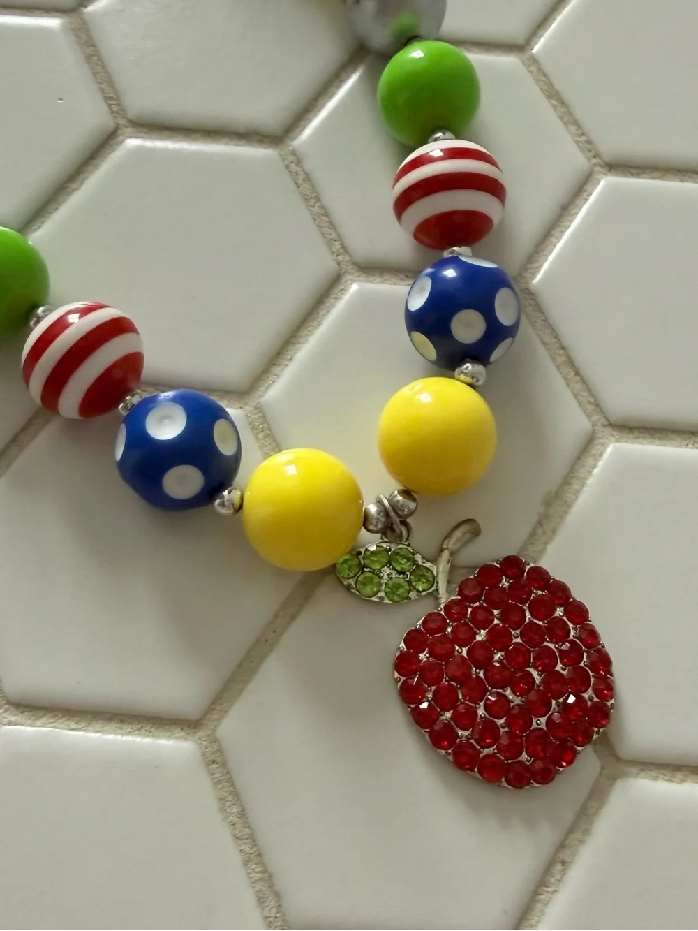 Colorful Kids Beaded Necklace with Red Apple Charm
